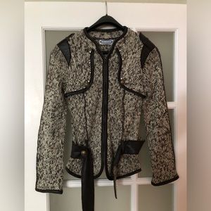 Large Knit Sweater with Faux leather Trim